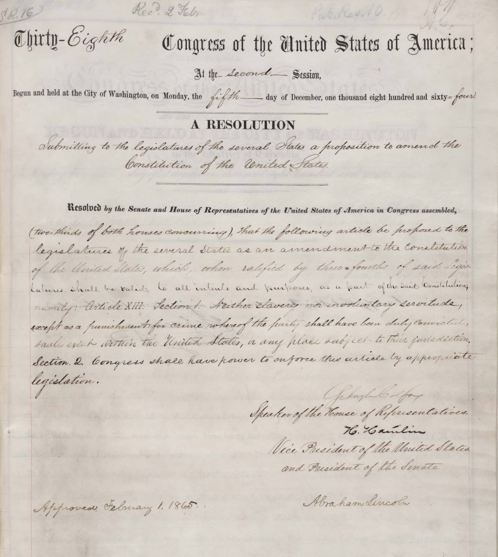 Image is a copy of the original 13th Amendment of the United States of America, signed by President Abraham Lincoln.